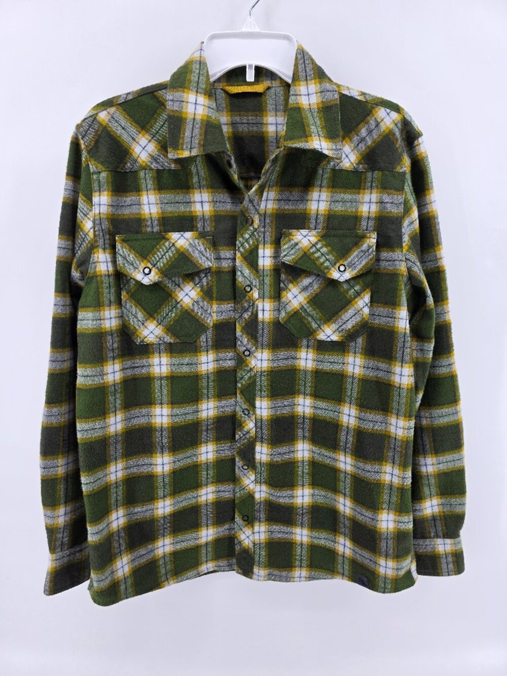 LL Bean Green Yellow Plaid Snap Front Flannel Shirt Fits M